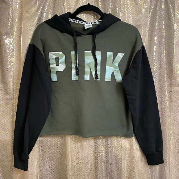 PINK Victorias Secret Army Green Black Cropped Hooded Sweater, XS - Picture 1 of 5
